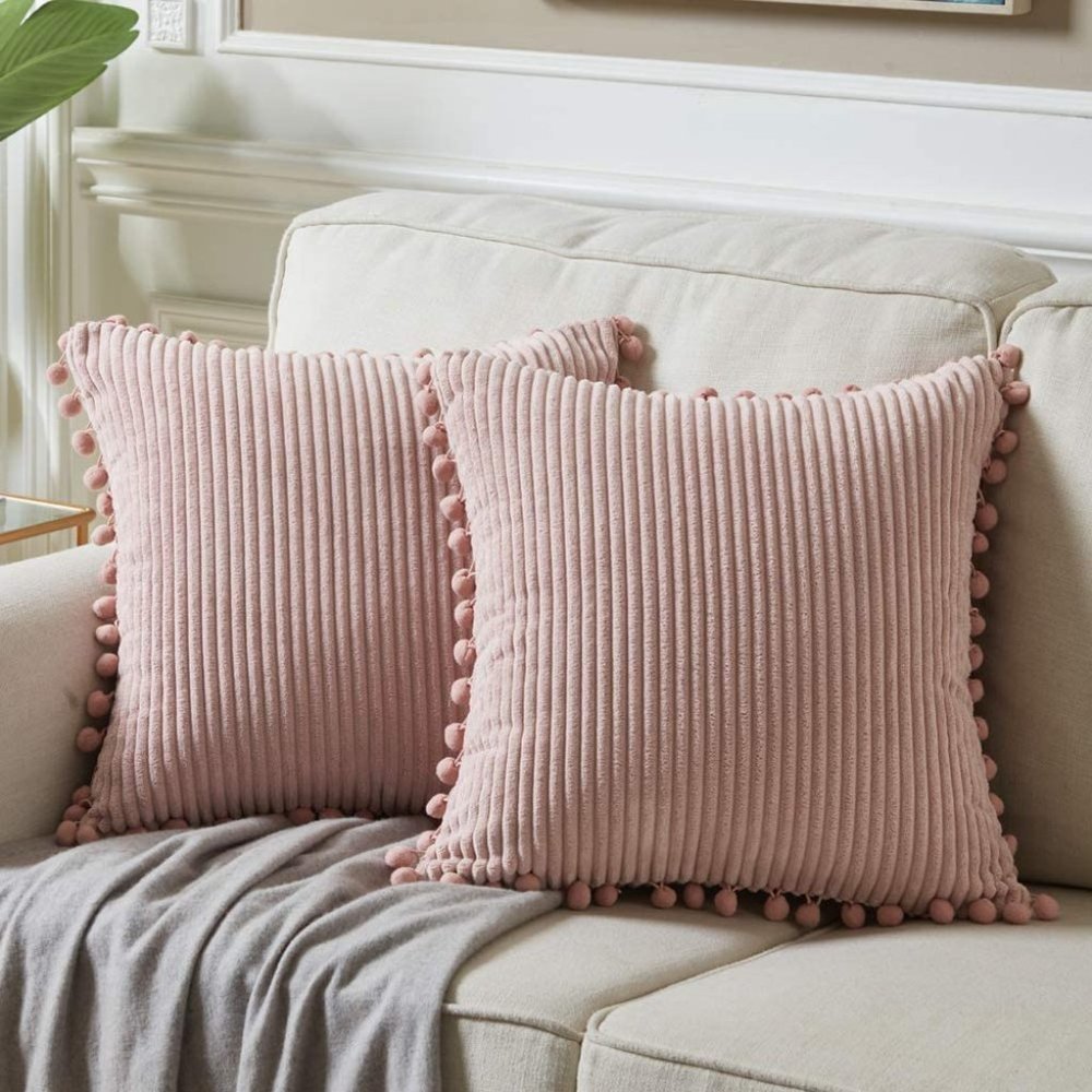 Blush Pink Corduroy Luxury Velvet Pompom Bed/Sofa Throw Pillow Cover/CaseSet - Picture 8 of 8